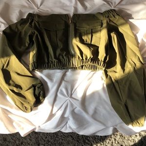 olive green crop top with gold zipper detailings